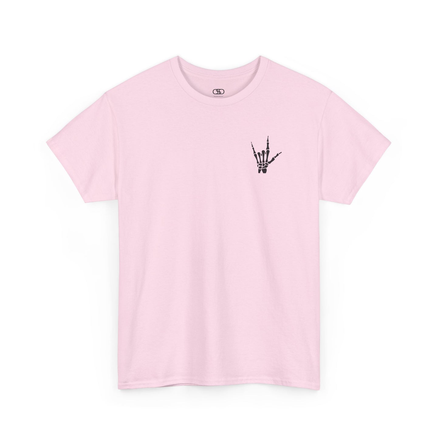 A light pink t-shirt with small rock hand symbol on front, and "Rules.. Never Heard of Them" graffiti text on the back.