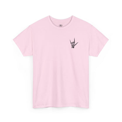 A light pink t-shirt with small rock hand symbol on front, and "Rules.. Never Heard of Them" graffiti text on the back.