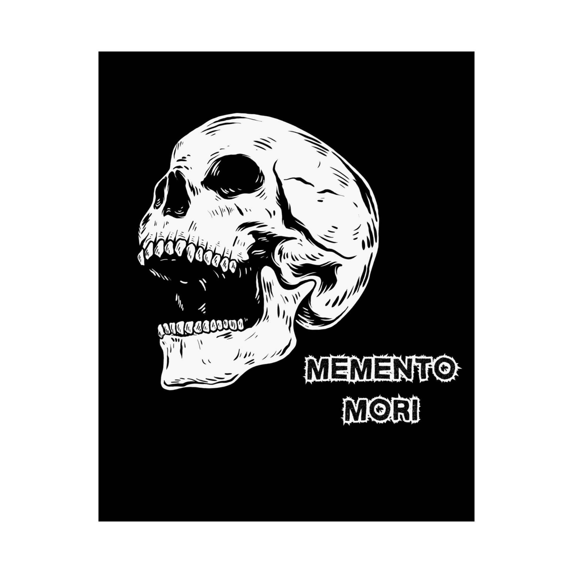 Gothic wall art poster featuring a grunge-style skull next to the Latin phrase 'Memento Mori' in a classic serif font.