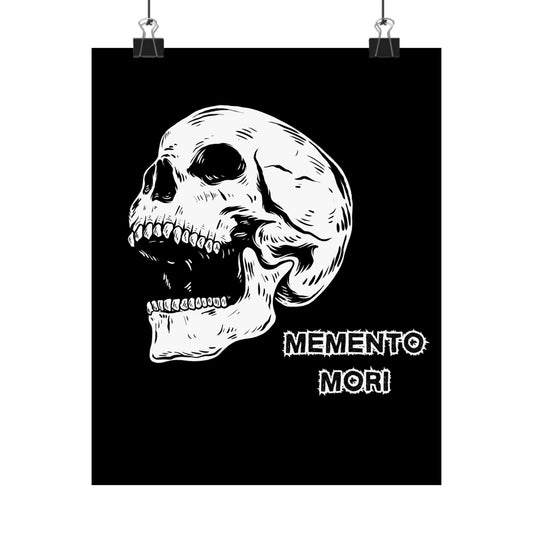  Gothic wall art poster featuring a grunge-style skull next to the Latin phrase 'Memento Mori' in a classic serif font.