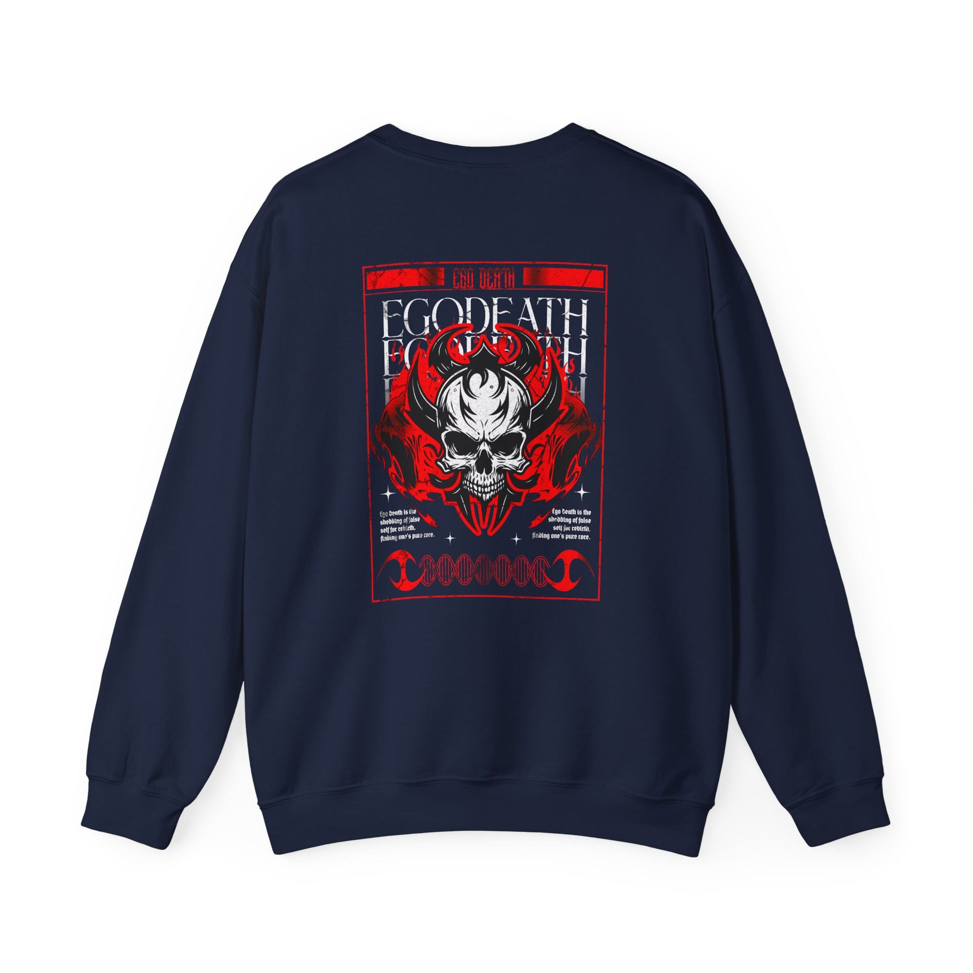 A Navy Sweater with a gothic skull design, red ghostly aura, and "Ego Death" text for spiritual rebirth.