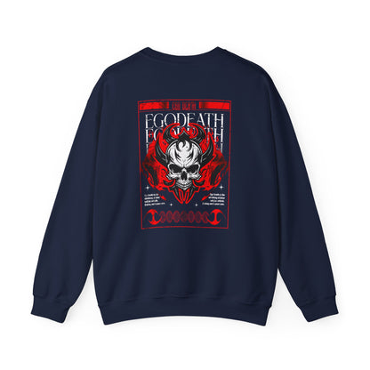 A Navy Sweater with a gothic skull design, red ghostly aura, and "Ego Death" text for spiritual rebirth.