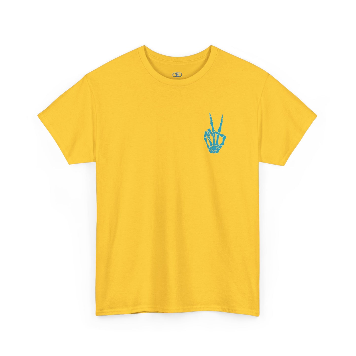A [Daisy] t-shirt with a skeletal peace sign on the front and the phrase “Have the day you deserve” with a large skeletal peace sign on the back.