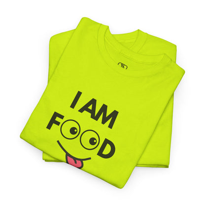 A safety green folded T-shirt with "I AM FOOD" text, where the 'OO' are cartoon eyes, and a tongue-out graphic.