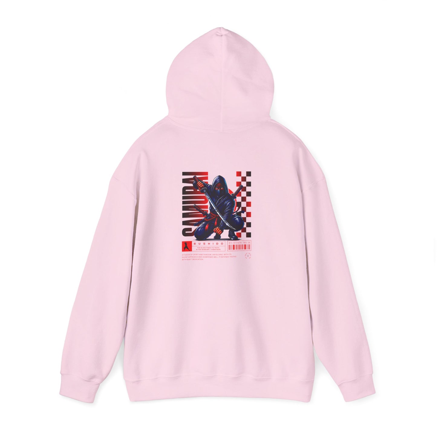 A light pink hoodie featuring a Crouching ninja with two katanas and "Bushido" text, red and black Japanese-inspired hoodie design.