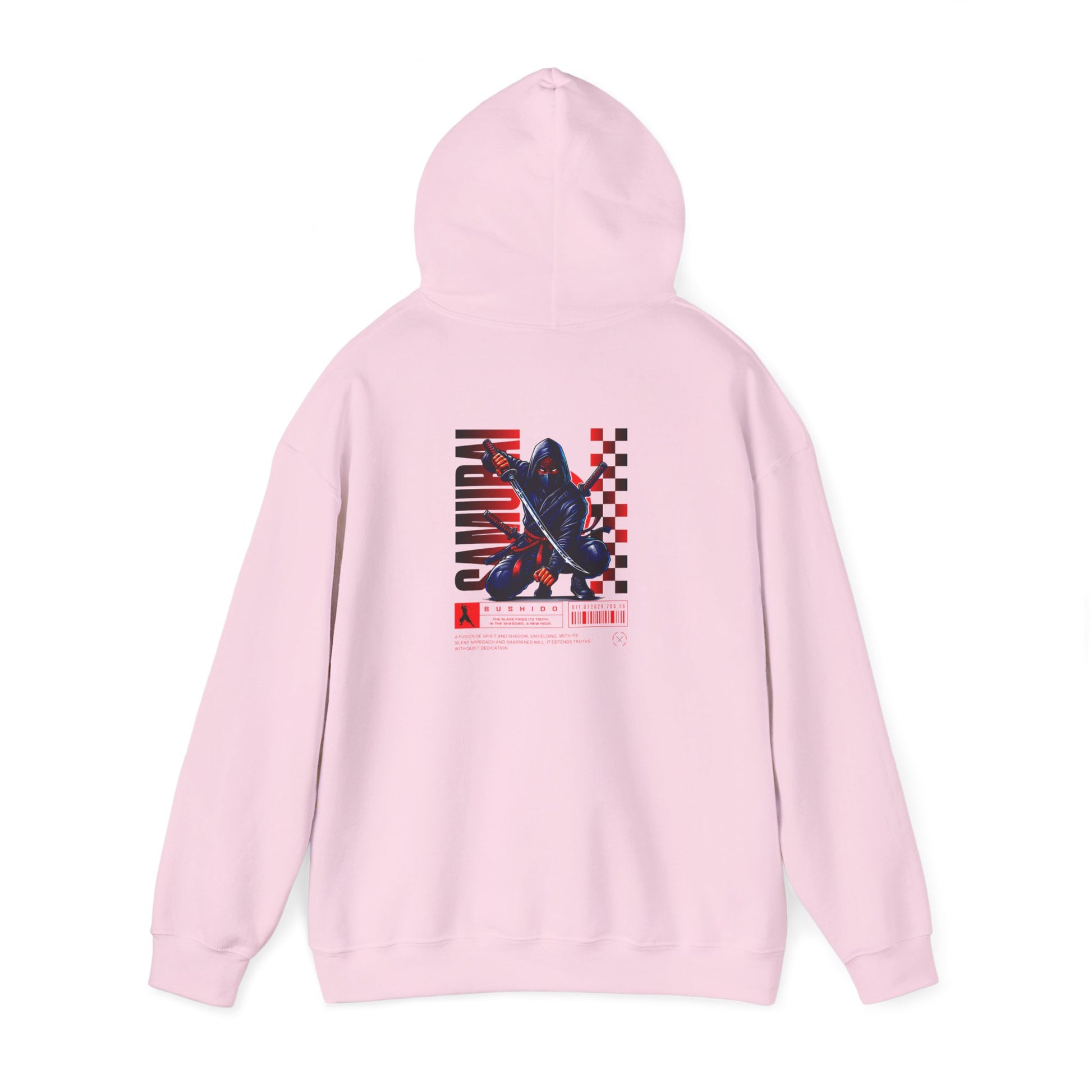 A light pink hoodie featuring a Crouching ninja with two katanas and "Bushido" text, red and black Japanese-inspired hoodie design.