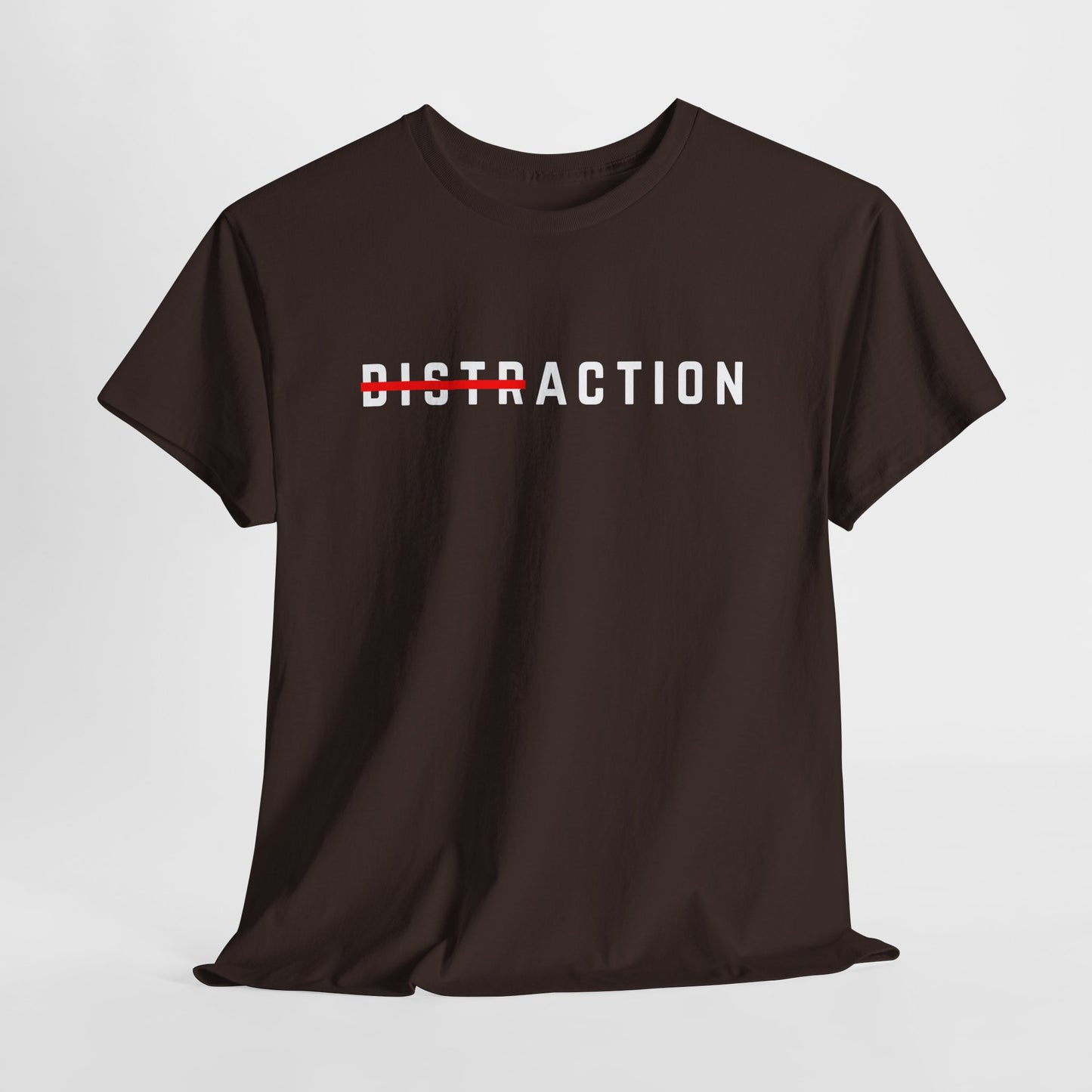 A minimalist t-shirt featuring the word "Distraction" with the 'Dist' part crossed out, emphasizing the word 'Action' in a bold font.