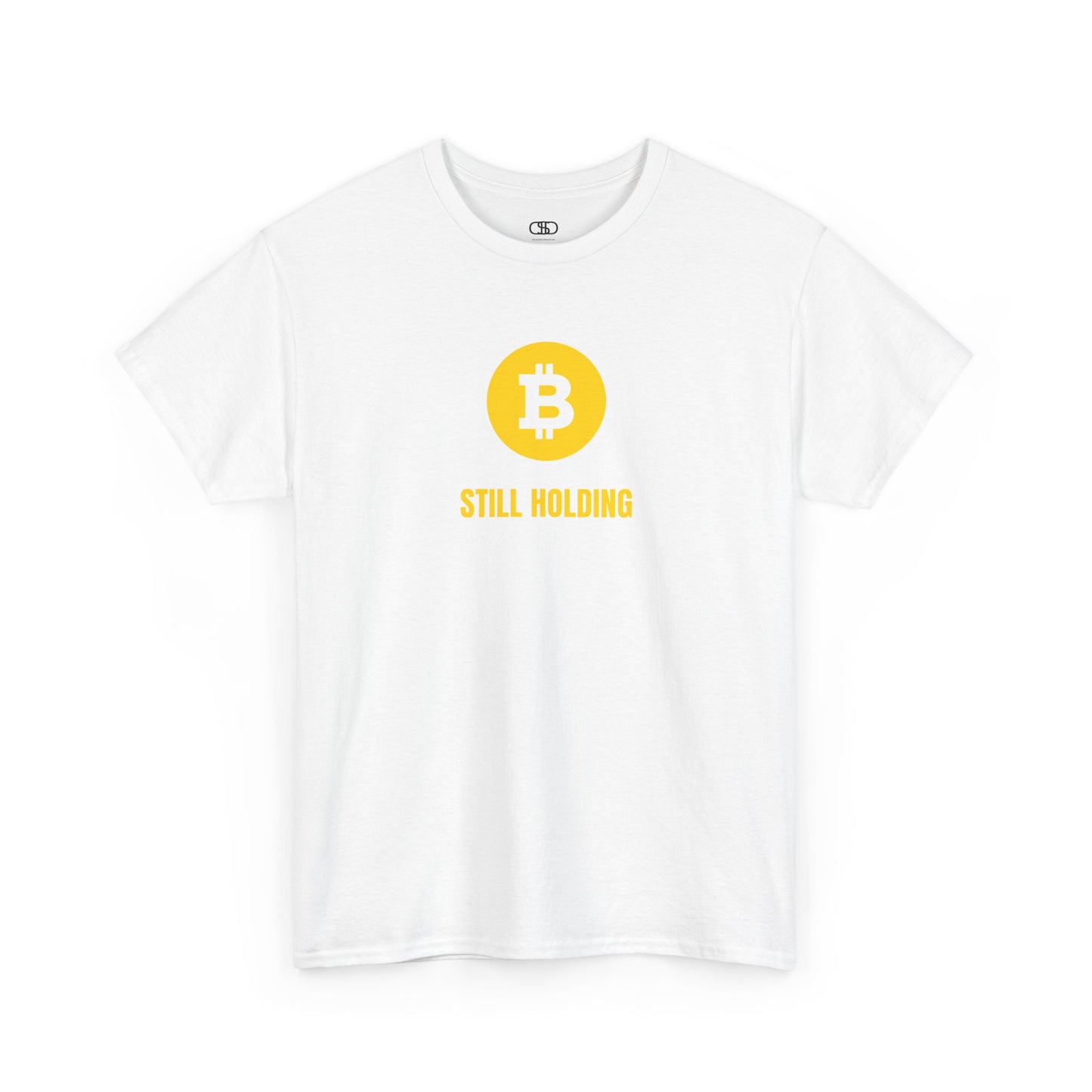 A white  T-shirt with a Bitcoin emblem and "Still Holding" text in gold.