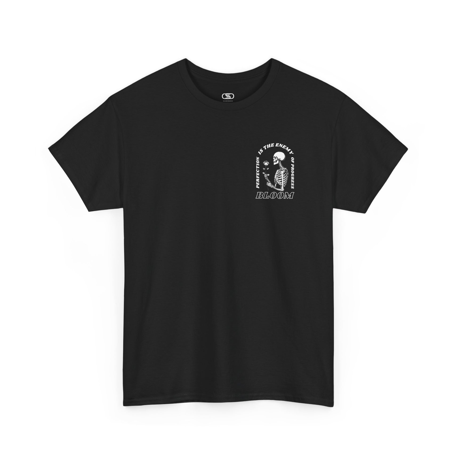 A [black] t-shirt with a central skeleton and rose design and the words “Perfection is the enemy of progress” and “Bloom” on the front.