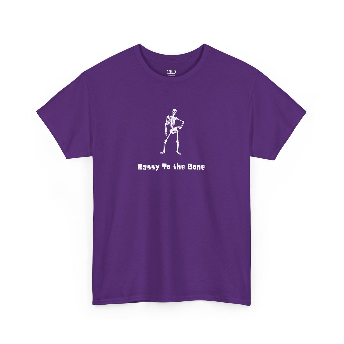 T-shirt with a sassy skeleton graphic with hands on hips and "Sassy to the Bone" text in a cartoon font.
