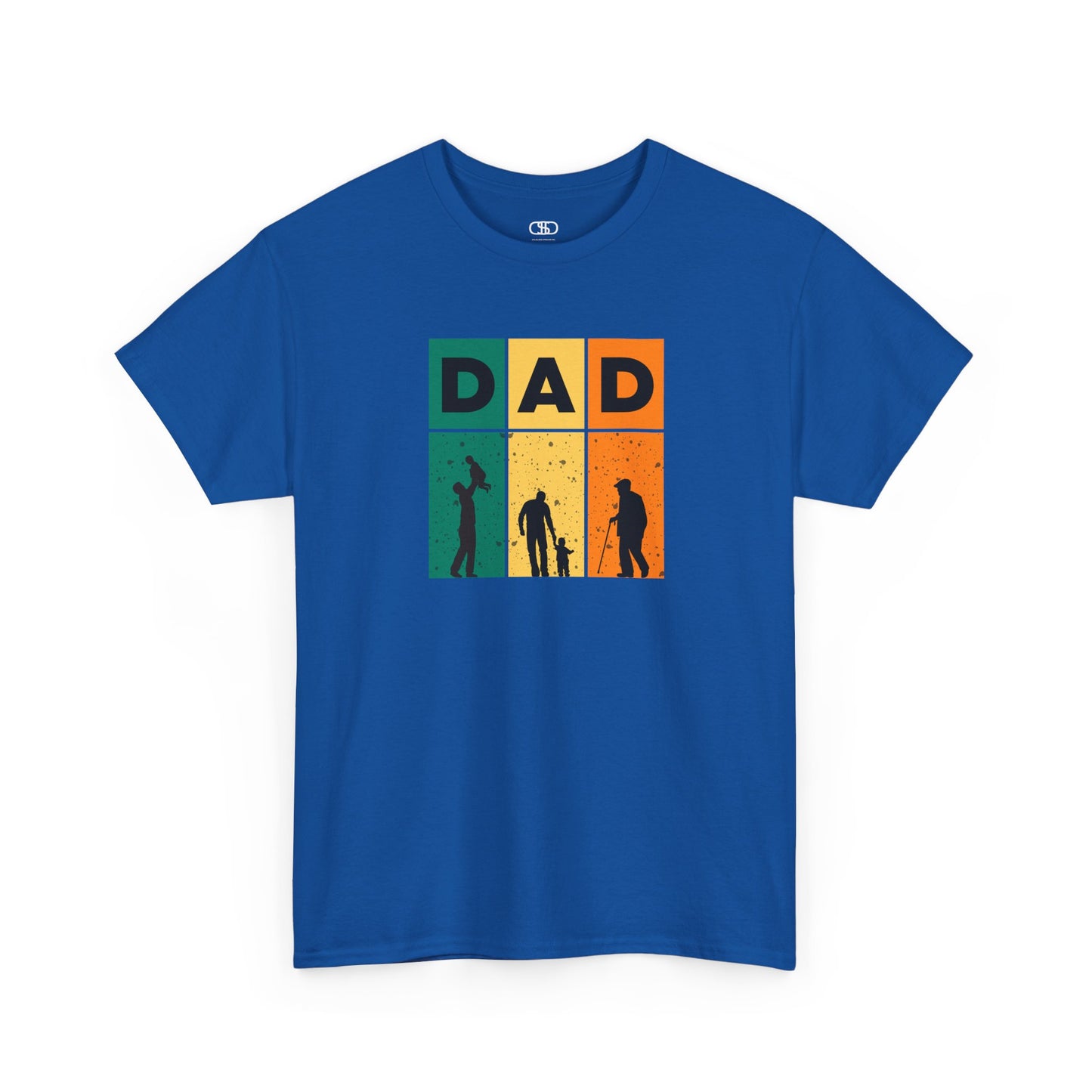 A royal blue T-shirt with "DAD" letters, each letter showing a different stage of a father's life (lifting child, walking with child, old age).