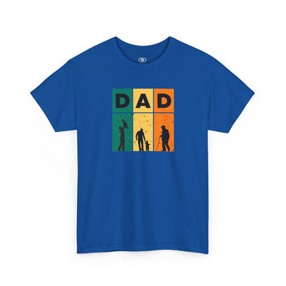 A royal blue T-shirt with "DAD" letters, each letter showing a different stage of a father's life (lifting child, walking with child, old age).