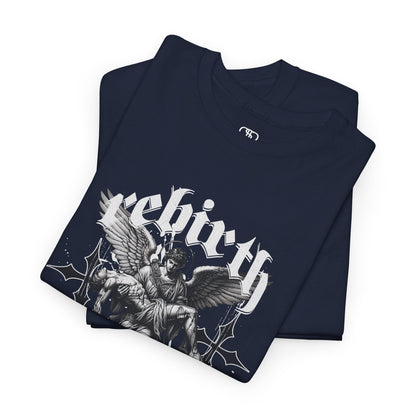A folded navy T-shirt featuring a Angel carrying a figure with "Rebirth" text, white and black gothic spiritual art t-shirt.
