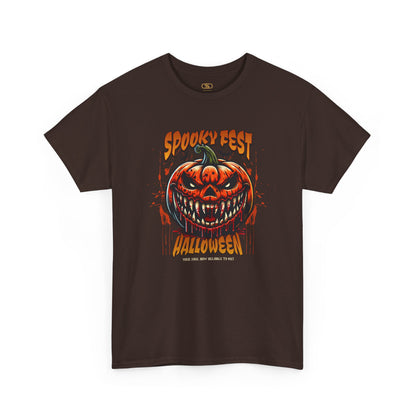 A dark brown t-shirt featuring a Scary fanged jack-o'-lantern with "Spooky Fest Halloween Your Soul Now Belongs To Me!" text, orange and black horror t-shirt.