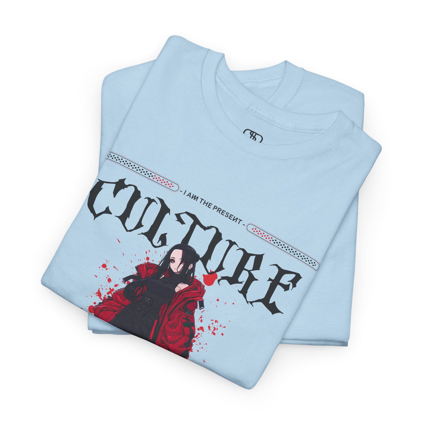 A folded light blue T-shirt with a futuristic female anime character, "I Am The Present" and "Culture" text, and an inspirational memo.