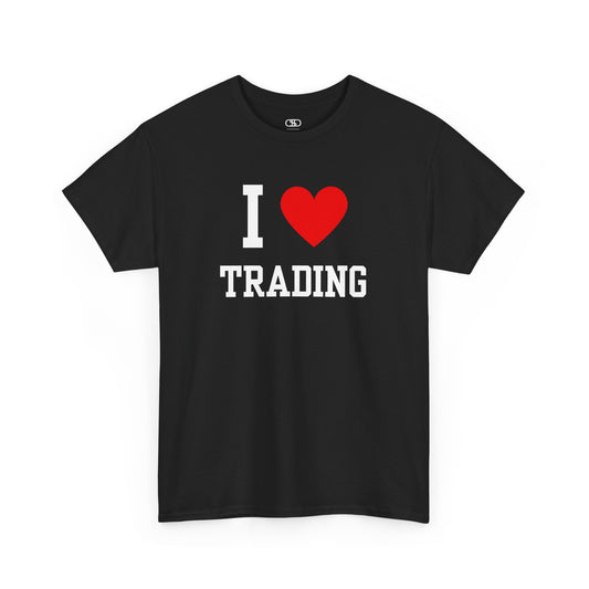A minimalist t-shirt featuring the "I Love" design with the text "I," a red heart symbol, and the word "Trading" underneath.