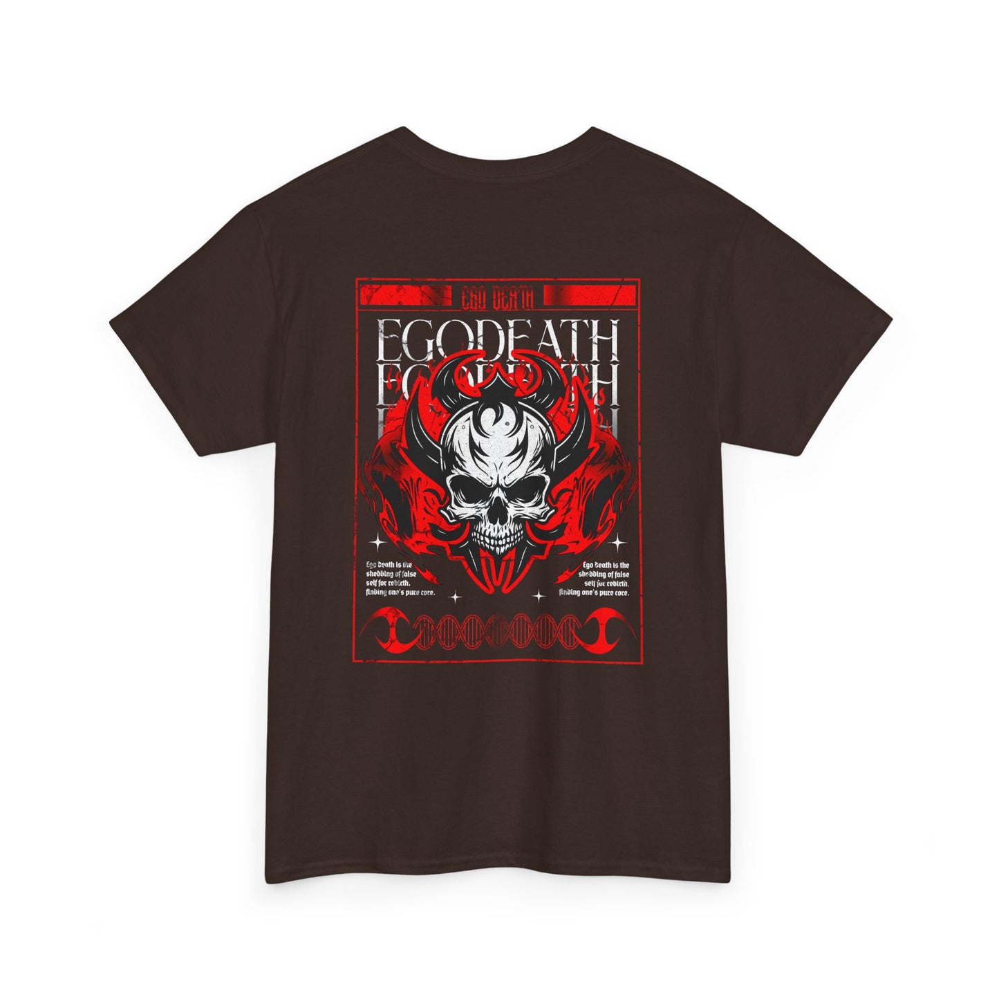 A dark brown t-shirt with a gothic skull design, red ghostly aura, and "Ego Death" text for spiritual rebirth.