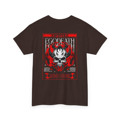A dark brown t-shirt with a gothic skull design, red ghostly aura, and "Ego Death" text for spiritual rebirth.