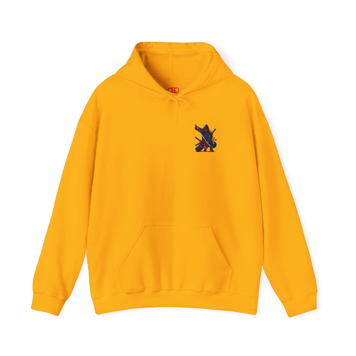 A daisy yellow hoodie featuring a Crouching ninja with two katanas and "Bushido" text, red and black Japanese-inspired hoodie design.