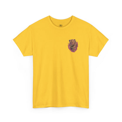 A daisy yellow T-shirt with a graphic of a raging bear ripping through the fabric, growling, with claws out and red eyes.