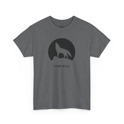 Graphic t-shirt with a black silhouette of a wolf howling on a mountain peak, with the words 'lone wolf' underneath.