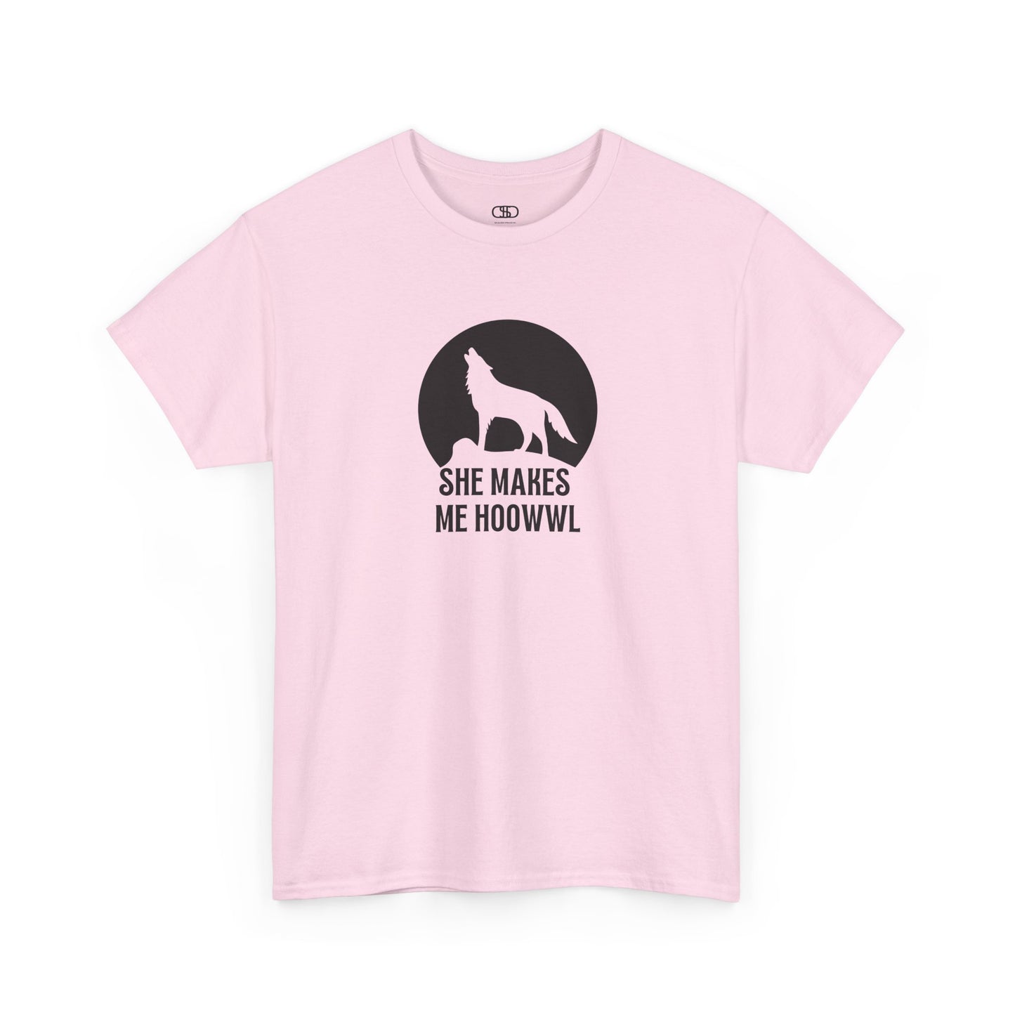 A light pink T-shirt with a wolf silhouette howling at the moon on a cliff, and "She makes me HOOWWL" text.