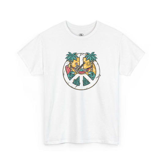  T-shirt showing a skeleton with a peace sign head, lying in a hammock playing a guitar between two palm trees with waves in the background.