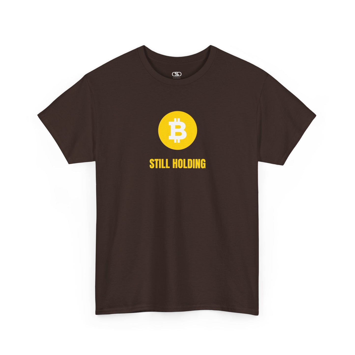A dark brown  T-shirt with a Bitcoin emblem and "Still Holding" text in gold.