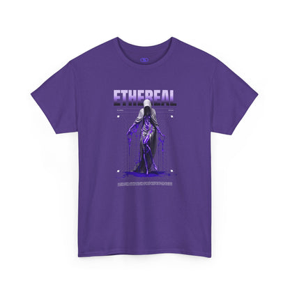 A lilac t-shirt with a glowing purple ethereal ghostly figure in a robe, surrounded by mystic violet liquid and "Ethereal" text.
