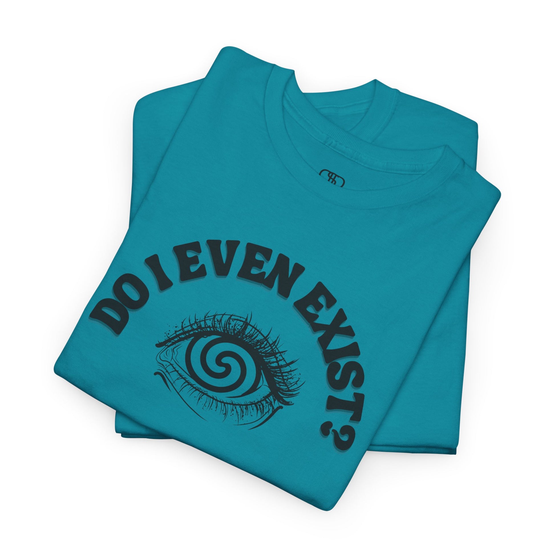 Tropical Blue T-shirt with an eyeball and a mind-bending optical illusion and the text "Do I even exist?