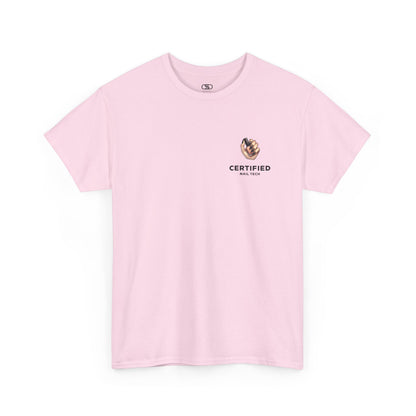 A light pink t-shirt with a hand graphic design holding nail polish with polished nails followed by the words Certified Nail Tech beneath it.