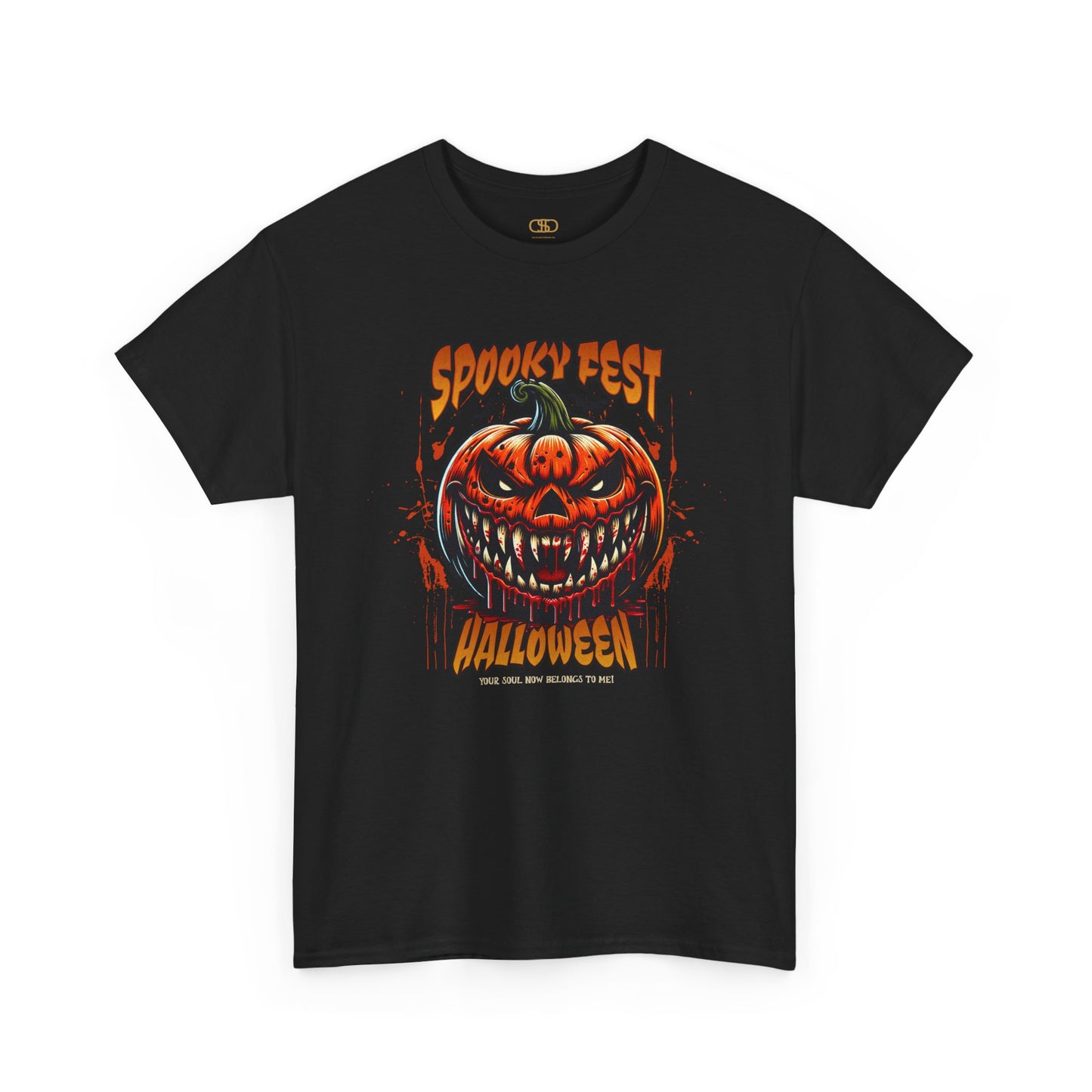 A black t-shirt featuring a Scary fanged jack-o'-lantern with "Spooky Fest Halloween Your Soul Now Belongs To Me!" text, orange and black horror t-shirt.