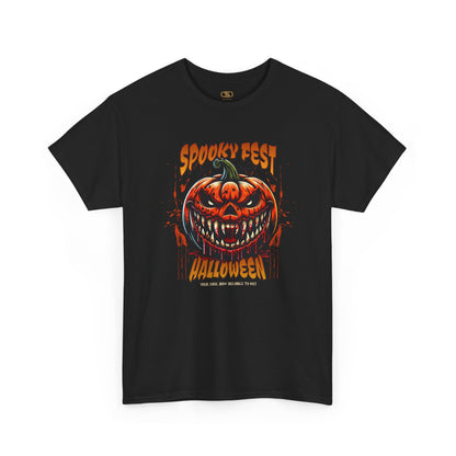 A black t-shirt featuring a Scary fanged jack-o'-lantern with "Spooky Fest Halloween Your Soul Now Belongs To Me!" text, orange and black horror t-shirt.