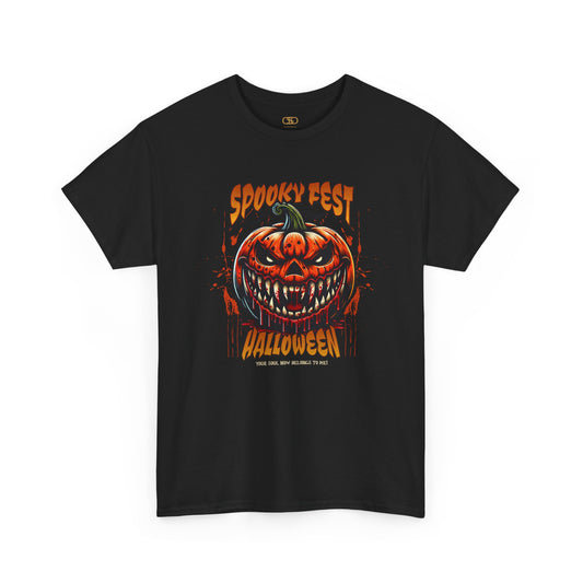 A black t-shirt featuring a Scary fanged jack-o'-lantern with "Spooky Fest Halloween Your Soul Now Belongs To Me!" text, orange and black horror t-shirt.