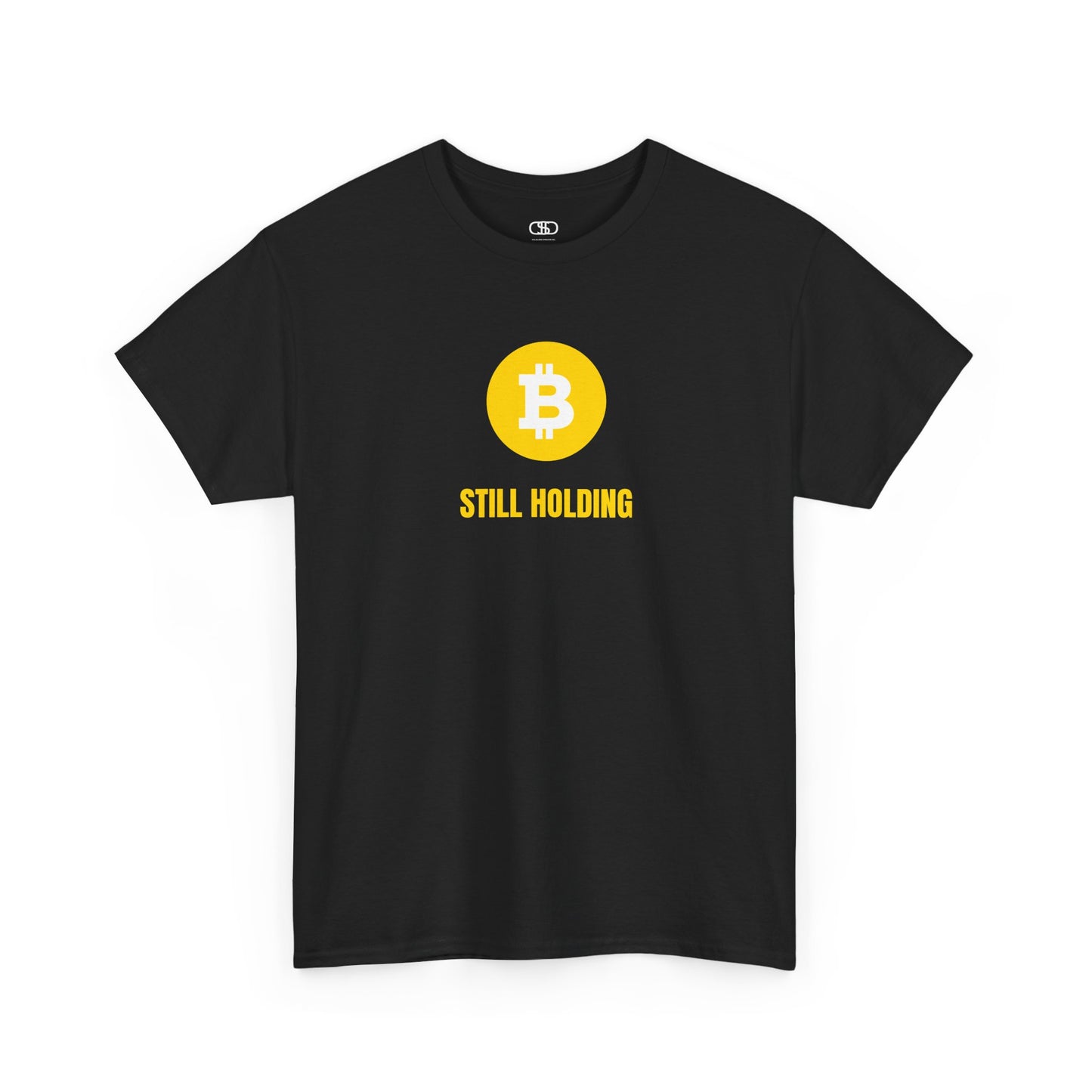 A black  T-shirt with a Bitcoin emblem and "Still Holding" text in gold.