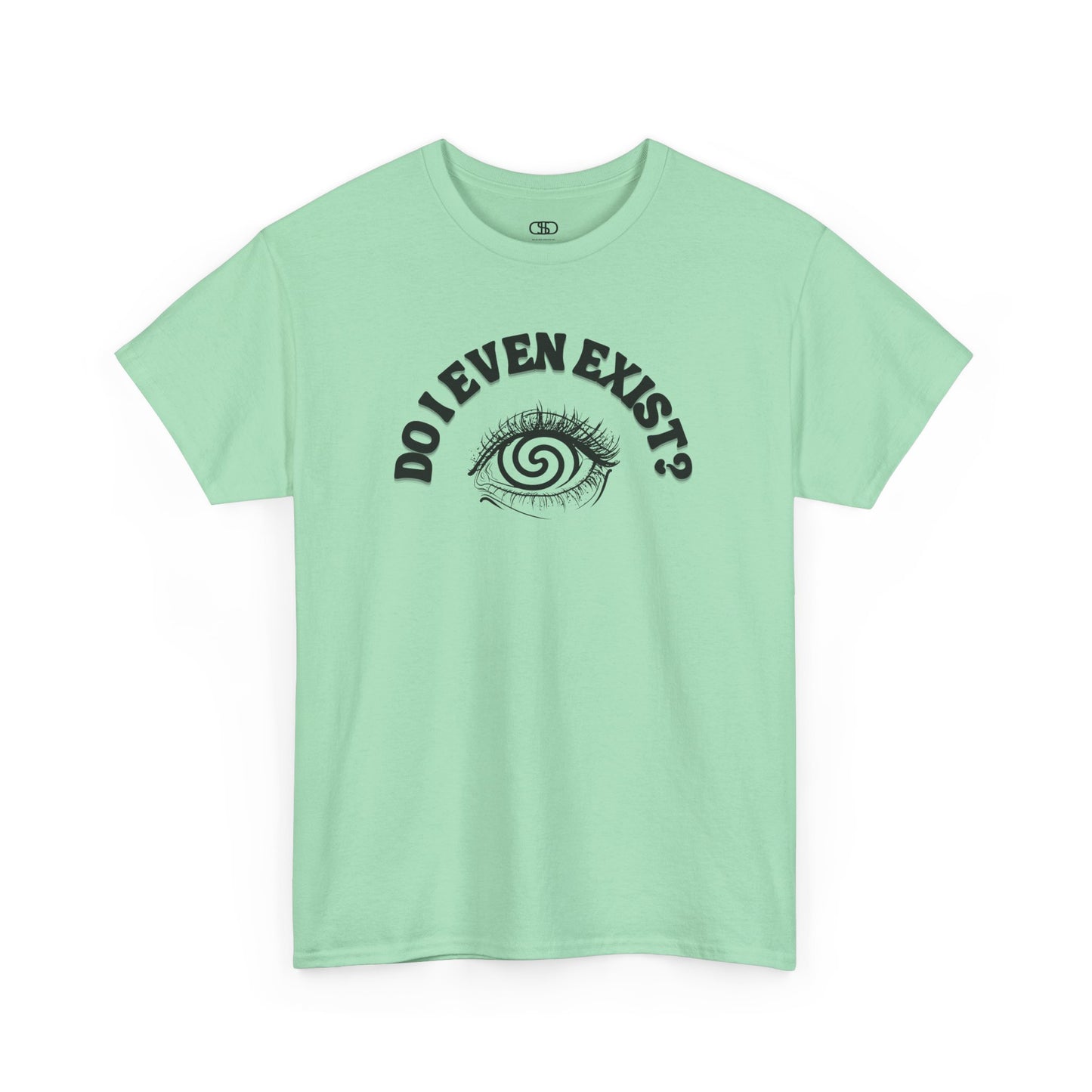 Mint Green T-shirt with an eyeball and a mind-bending optical illusion and the text "Do I even exist?"