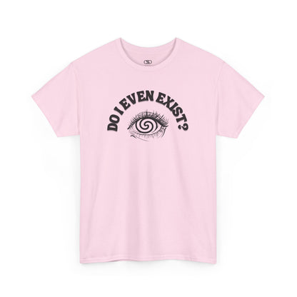 Light Pink T-shirt with an eyeball and a mind-bending optical illusion and the text "Do I even exist?"