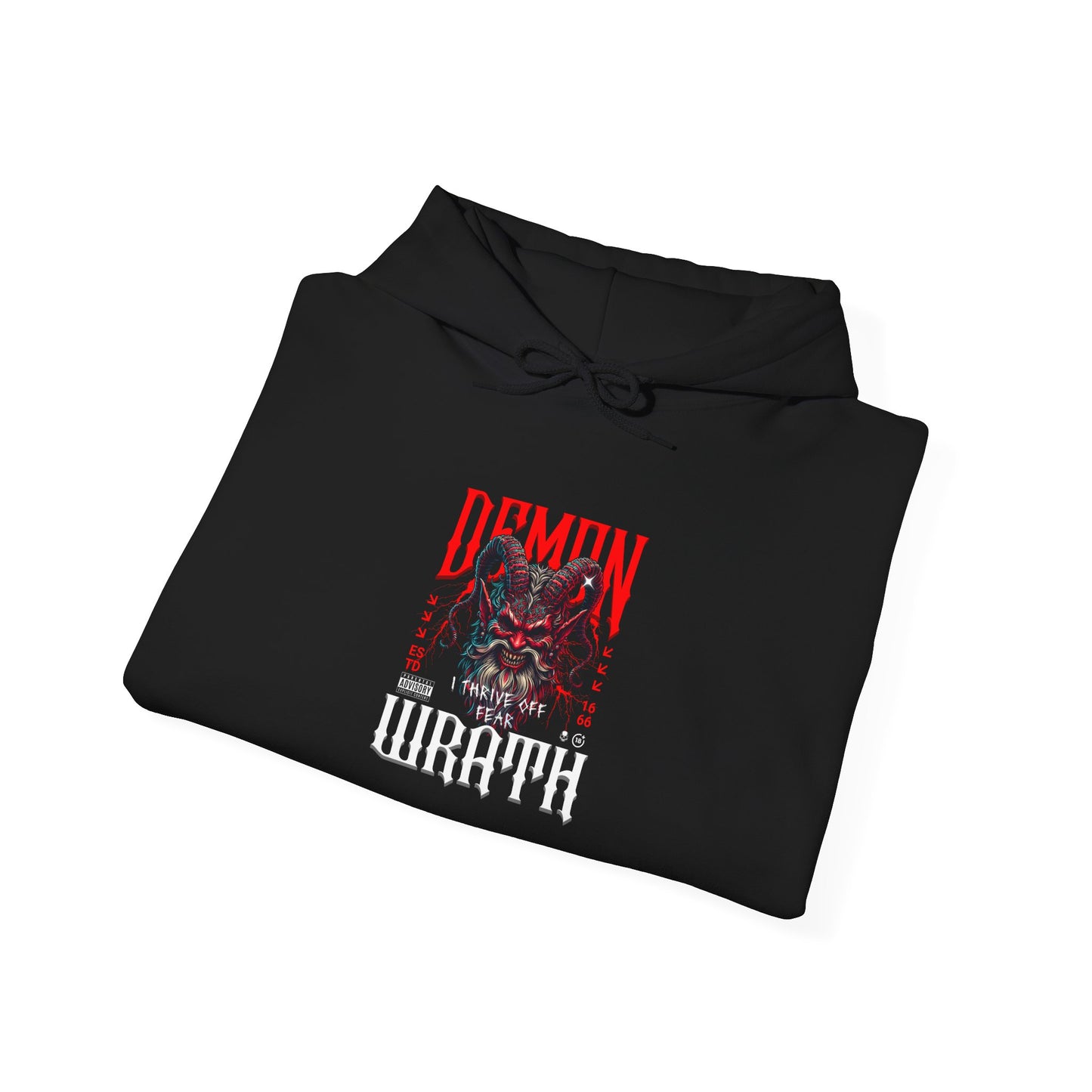 A folded black hoodie featuring a Red horned demon head with "Demon Wrath" text and lightning, gothic horror apparel design.