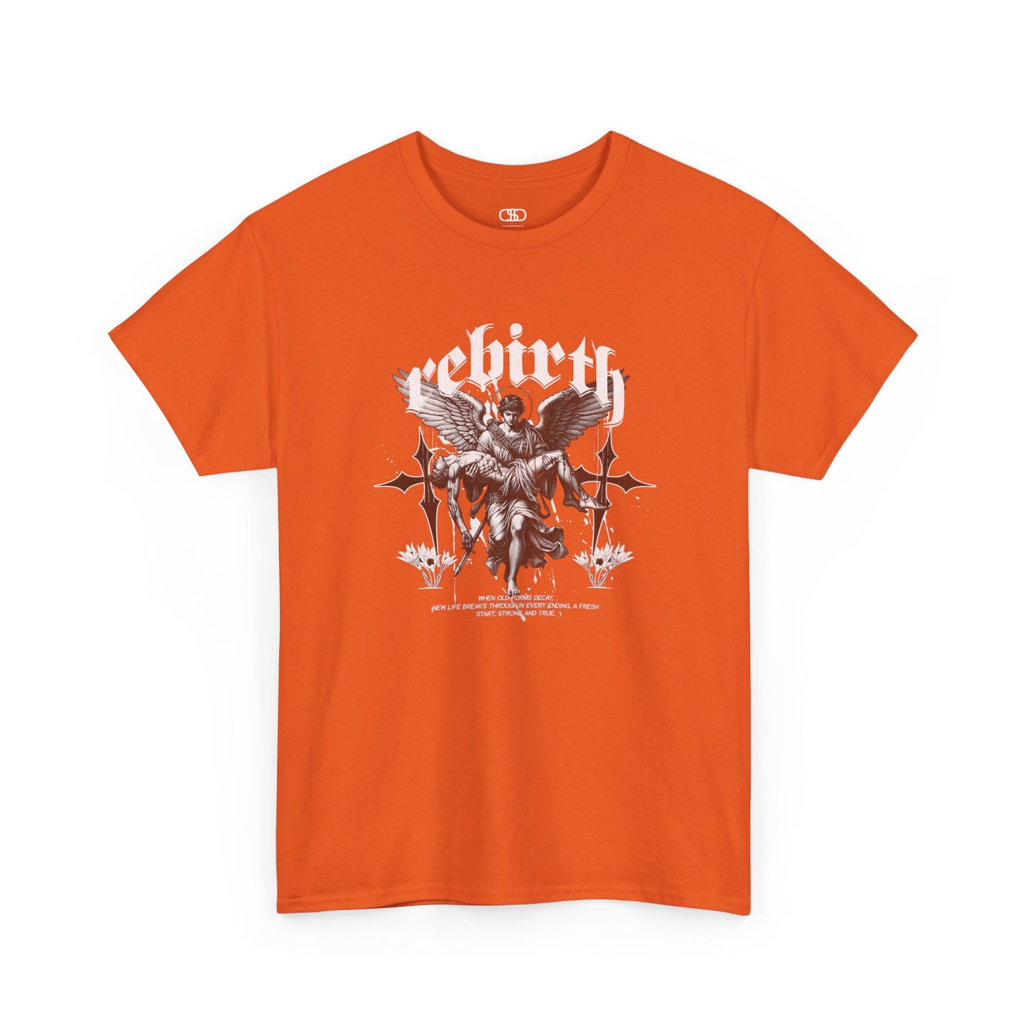 An orange T-shirt featuring a Angel carrying a figure with "Rebirth" text, white and black gothic spiritual art t-shirt.