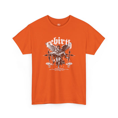 An orange T-shirt featuring a Angel carrying a figure with "Rebirth" text, white and black gothic spiritual art t-shirt.