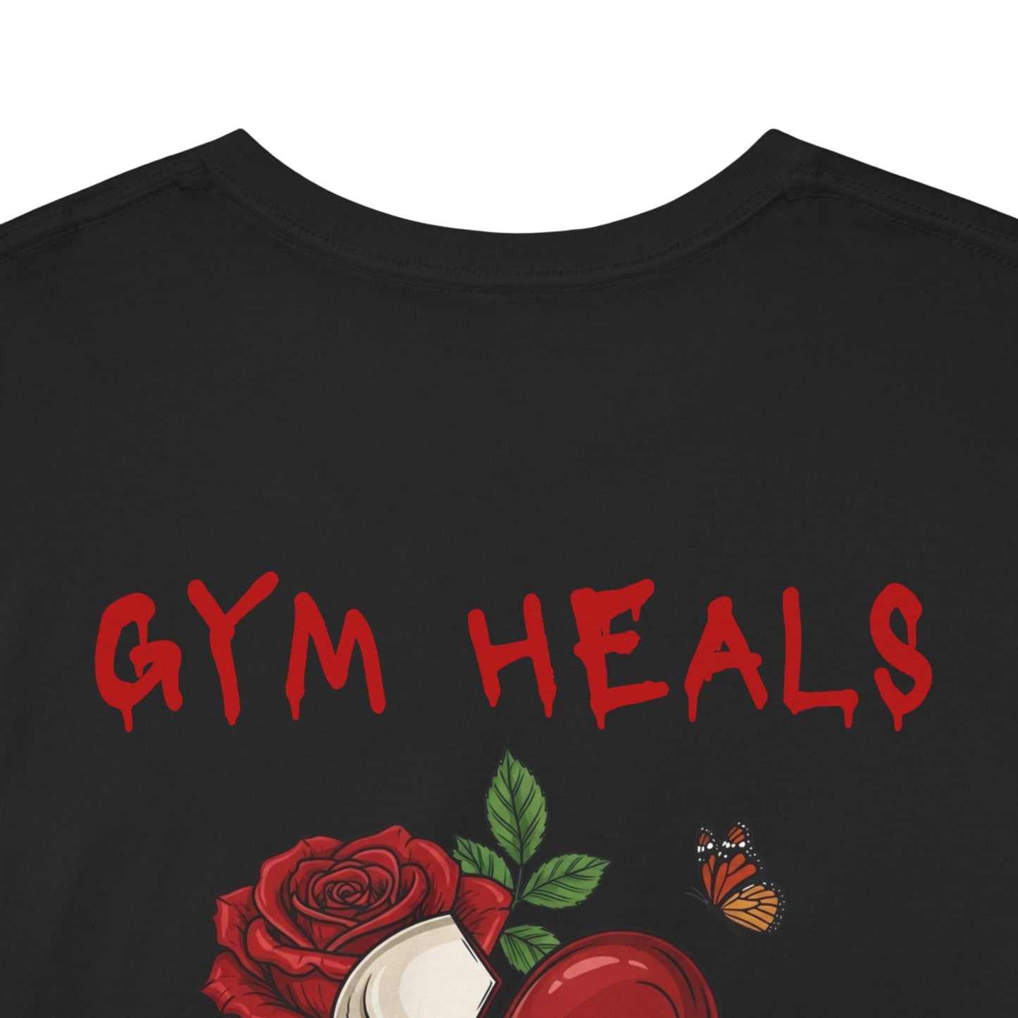 "Gym Heals" Broken Red Heart Skull Rose Tee