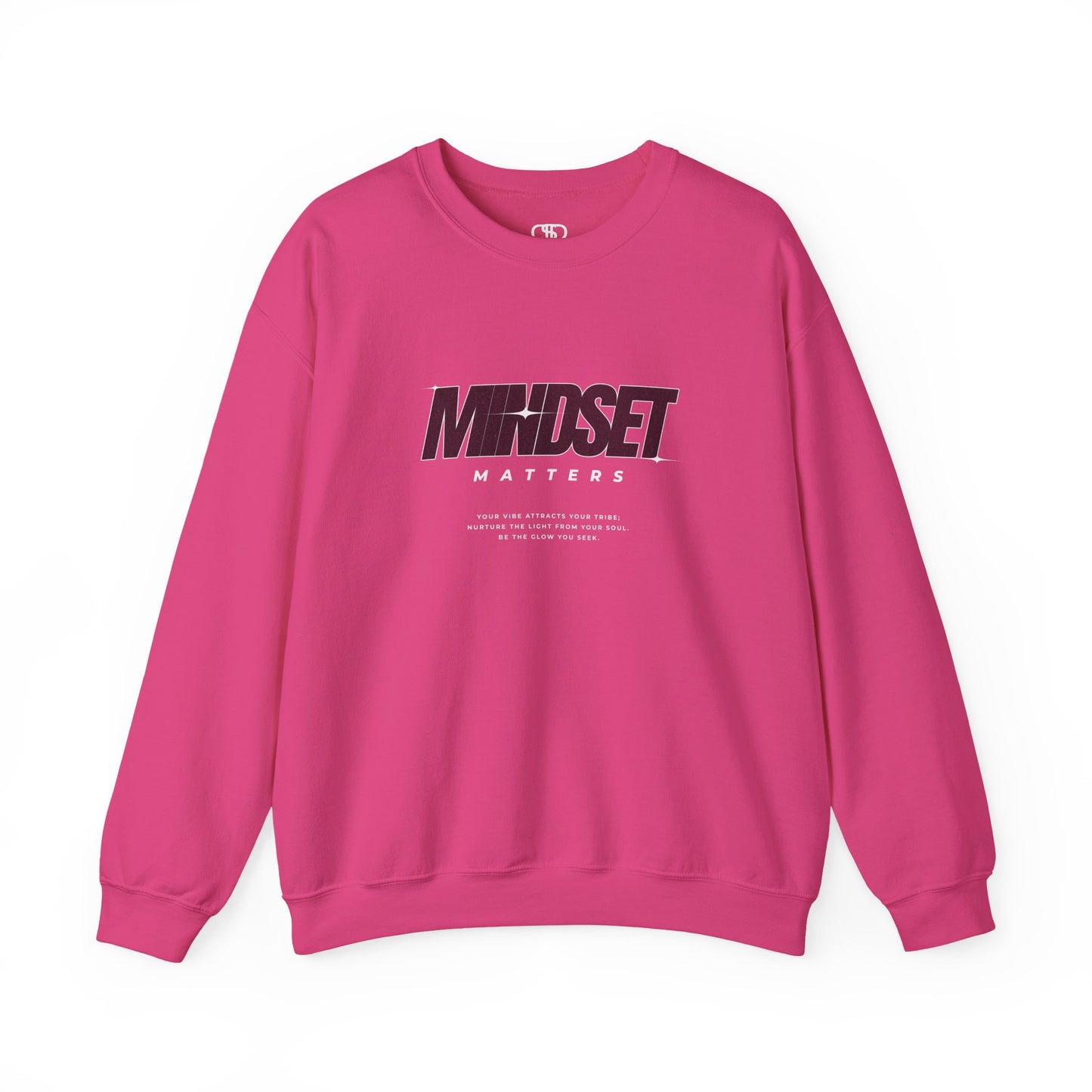 A pink  sweater "Mindset Matters" text with stars on a sweater, inspirational quote below the main quote. 