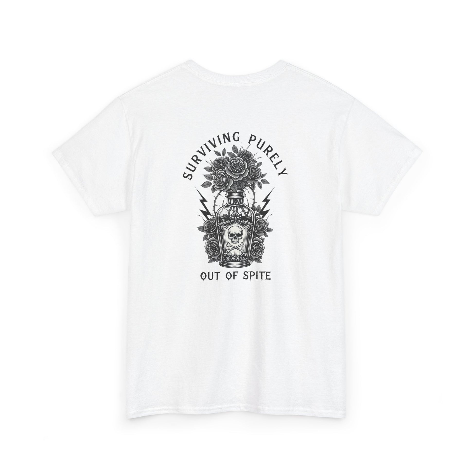 A white t-shirt with a skull and crossbones vase filled with roses and the words “Surviving Purely Out of Spite” in a gothic font.