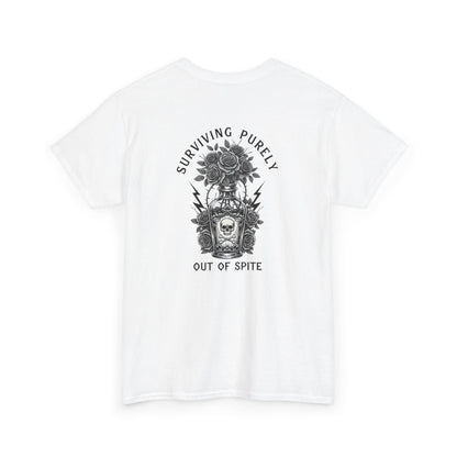 A white t-shirt with a skull and crossbones vase filled with roses and the words “Surviving Purely Out of Spite” in a gothic font.