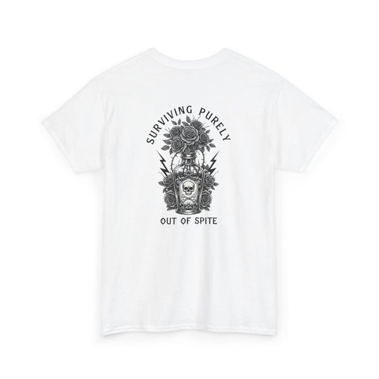 A white t-shirt with a skull and crossbones vase filled with roses and the words “Surviving Purely Out of Spite” in a gothic font.