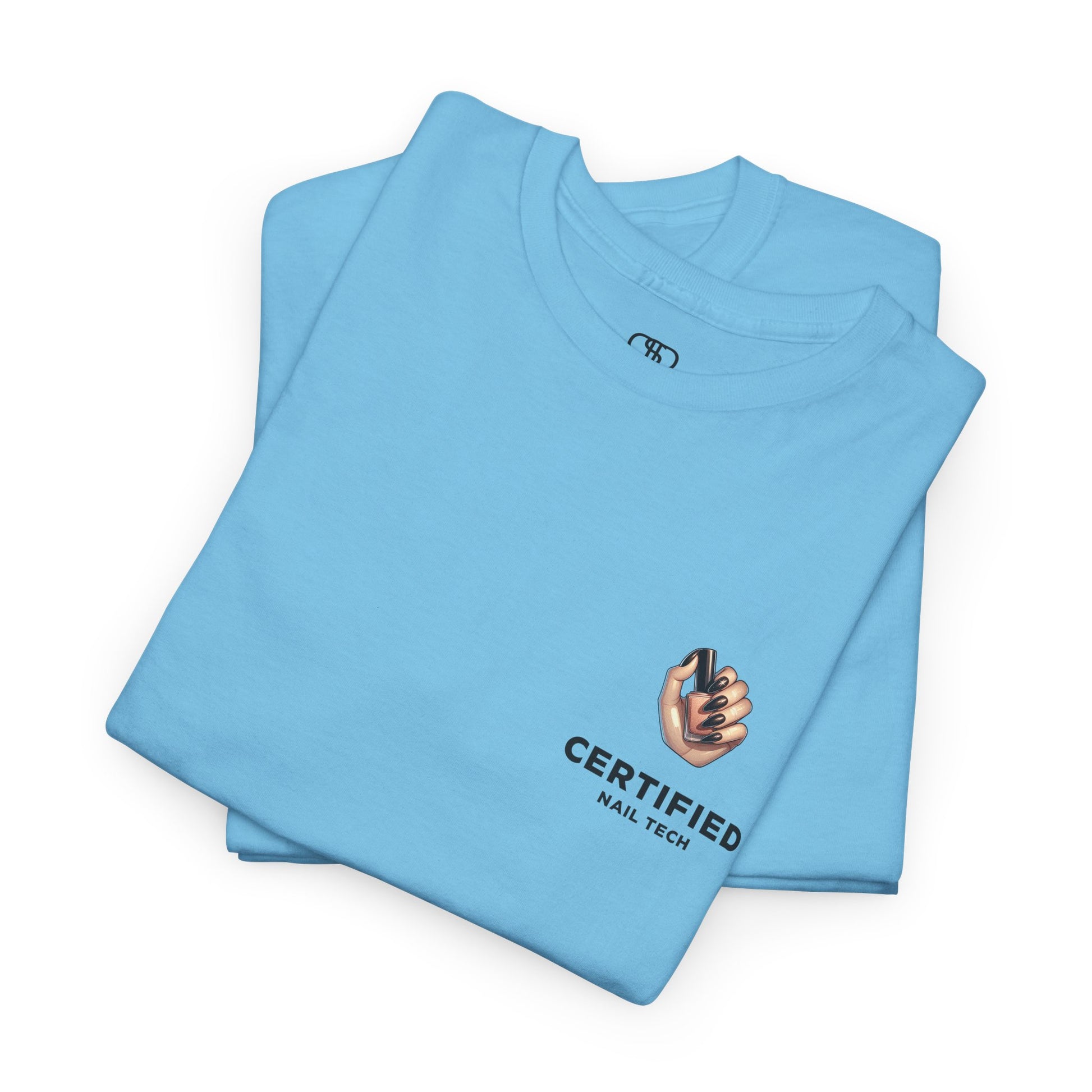 A sky blue t-shirt with a hand graphic design holding nail polish with polished nails followed by the words Certified Nail Tech beneath it.