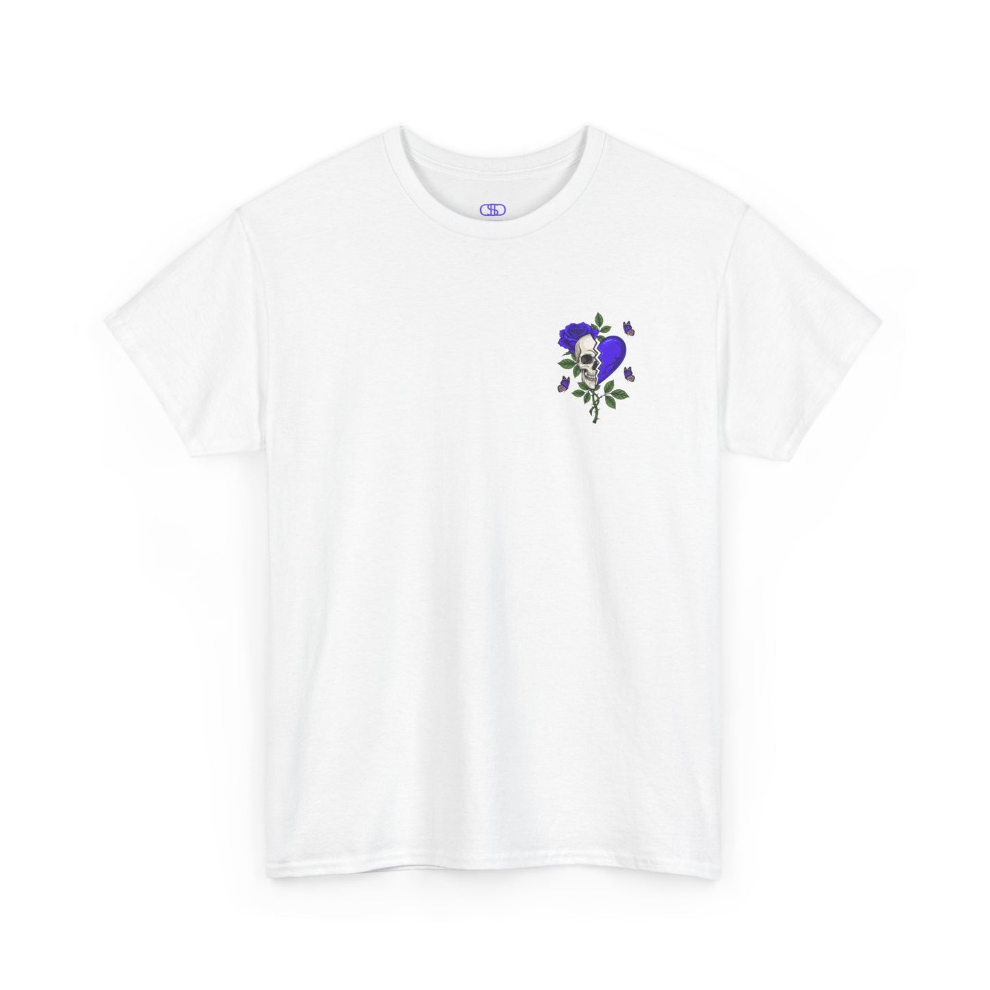 A white t-shirt with a front design of a half skull, half broken purple heart, and a rose. The back reads "Gym Heals" along with a similar design found on the front.