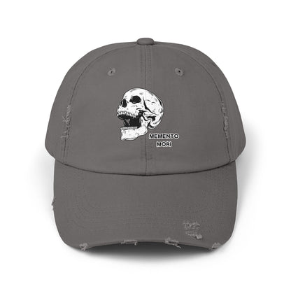 Memento Mori Distressed Hat – Skull Embroidered Cap with Gothic Flair