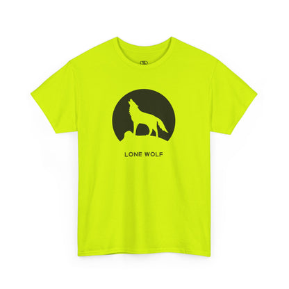 Graphic t-shirt with a black silhouette of a wolf howling on a mountain peak, with the words 'lone wolf' underneath.