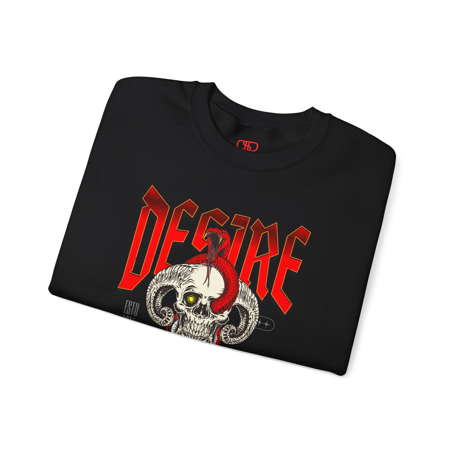 A folded black sweatshirt Horned skull with glowing eye and red snake wrapped around it, "Desire Death's Touch" text, gothic sweatshirt design.